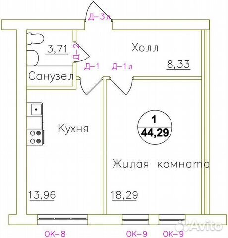 1-к квартира, 44 м², 2/3 эт.