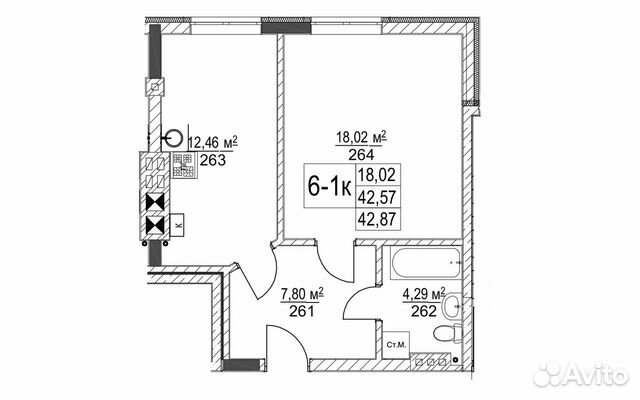 1-к квартира, 42.9 м², 2/5 эт.