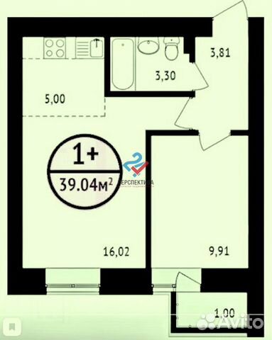 2-к квартира, 39 м², 3/16 эт.