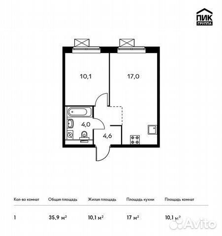 1-к квартира, 35.9 м², 17/17 эт.