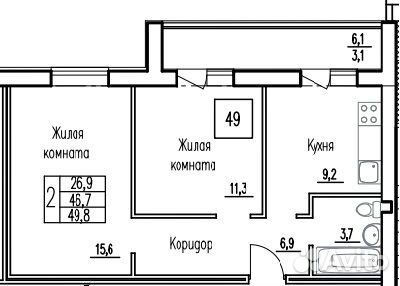 2-к квартира, 48.7 м², 1/3 эт.