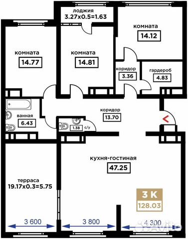 3-к квартира, 128 м², 16/25 эт. 3-к квартира, 128 м², 16/25 эт.