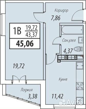 1-к квартира, 45.1 м², 14/25 эт.