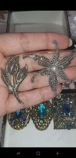 Винтажная брошь серебро марказиты. Европа