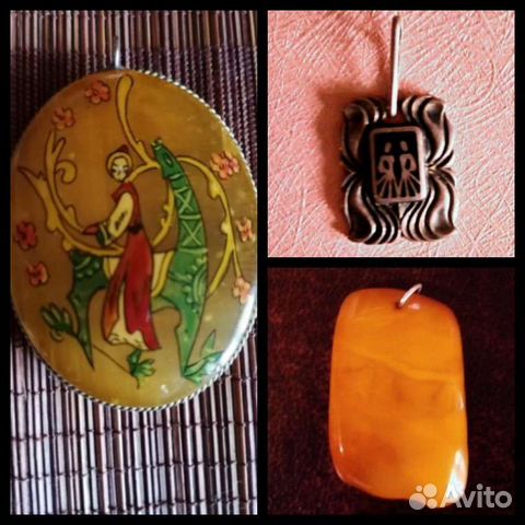 Кулоны винтажные из камня, серебра и янтаря