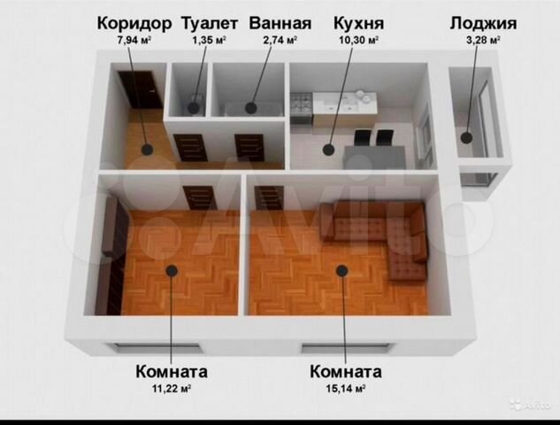 2-к. квартира, 54 м², 1/5 эт.