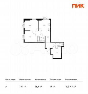 2-к квартира, 74.1 м², 11/33 эт.