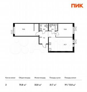 2-к квартира, 70.8 м², 5/9 эт.