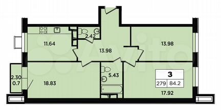3-к апартаменты, 84.2 м², 3/18 эт.