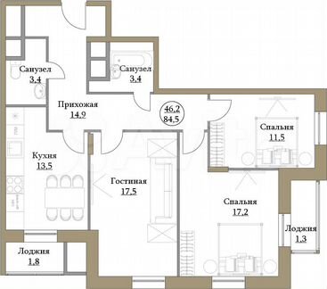 3-к квартира, 84.5 м², 14/17 эт.