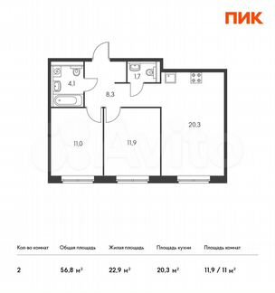 2-к квартира, 56.8 м², 25/25 эт.