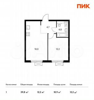 1-к квартира, 39.8 м², 23/24 эт.