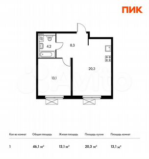 1-к квартира, 46.1 м², 15/33 эт.