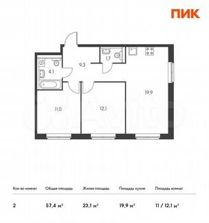 2-к квартира, 57.4 м², 18/25 эт.